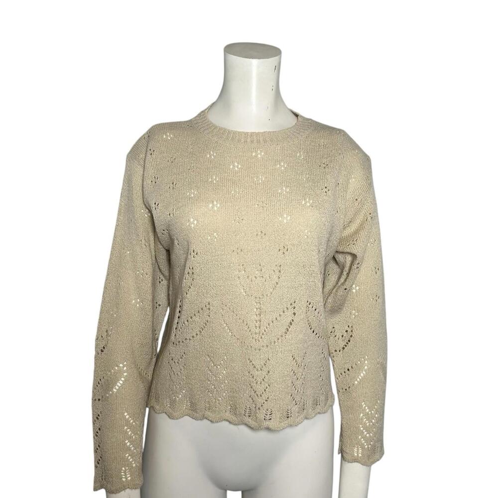 Vintage 90s Beige Eyelet Knit Sweater Tulip Floral Scalloped Hem Women’s SMALL